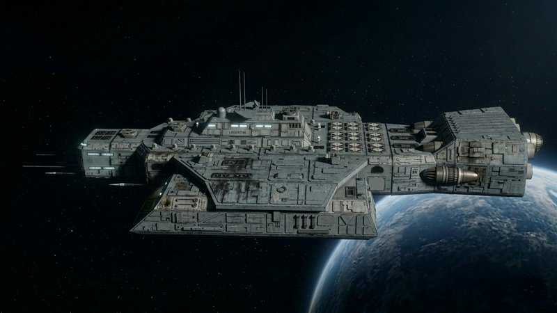 Large gray sci-fi battleship in orbit above Earth with detailed hulls and modules