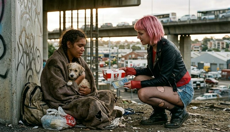 Two women under a bridge share food with a small dog; urban street scene.