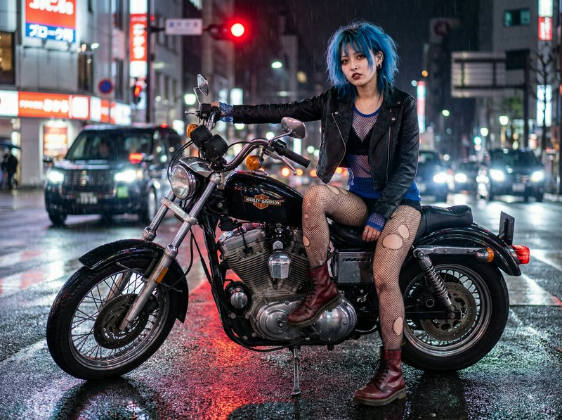 Woman with blue hair sits on a Harley-Davidson motorcycle in a rainy urban night scene.