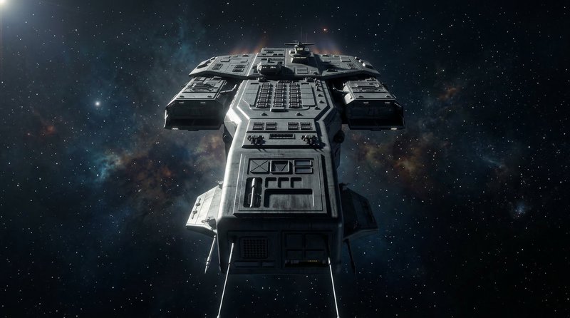 Large sci-fi spaceship in deep space, metallic gray hull with intricate panels and antennas.