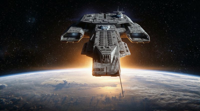 Massive sci-fi spacecraft hovering above Earth at sunrise with detailed hull and docking pylons.