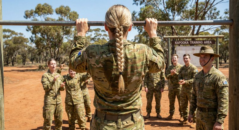 Female soldier with braided hair doing pull-ups as fellow troops cheer in a military training area.