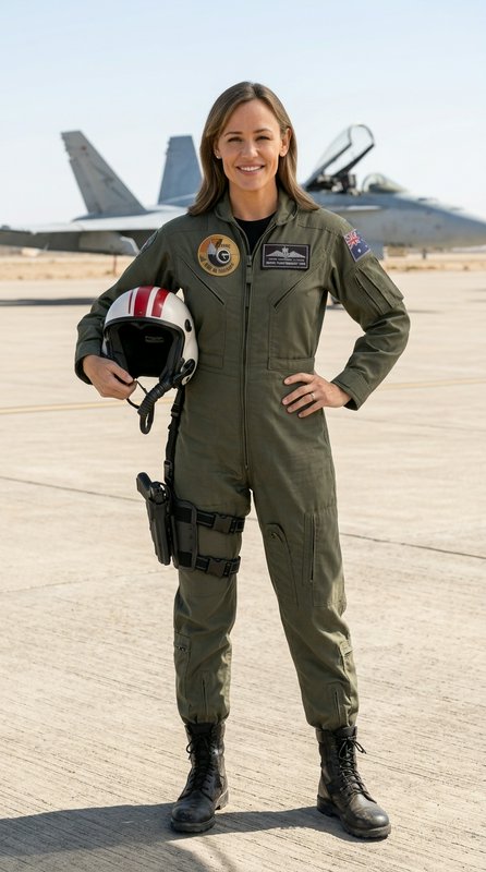 Female fighter pilot in olive flight suit holding helmet on sunlit airbase with jets in background