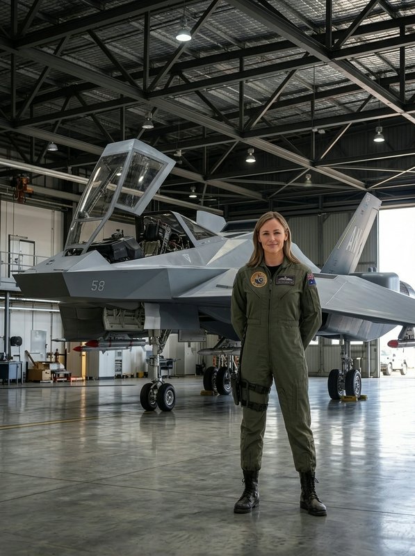 Female pilot in a green flight suit stands in a hangar beside a gray fighter jet.