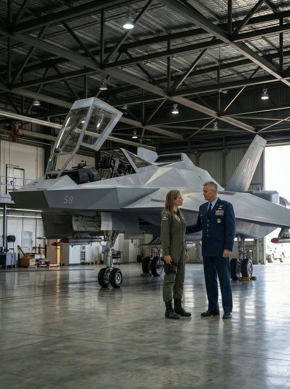 Two pilots in flight suits stand beside a gray fighter jet inside a hangar.