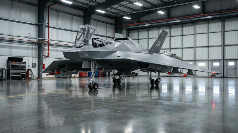 Stealth fighter jet in a large hangar with open cockpit canopy and polished concrete floor.