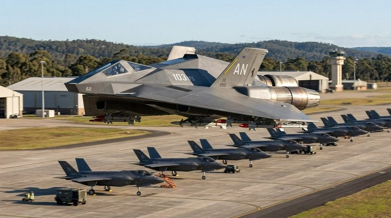 F-22 Raptor jet lifting off with a row of fighters parked on the airbase runway.