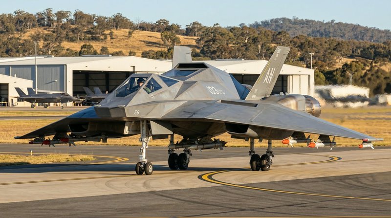 Stealth grey F-117 Nighthawk on a runway at a military airbase with angular surfaces and landing ...