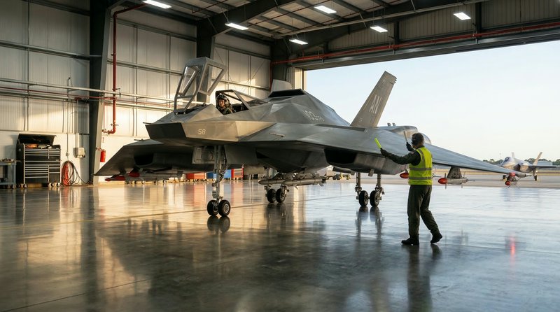 Stealth fighter jet inside a hangar with ground crew guiding it.