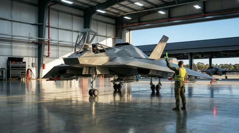F-35 fighter jet inside a hangar with ground crew signaling instructions