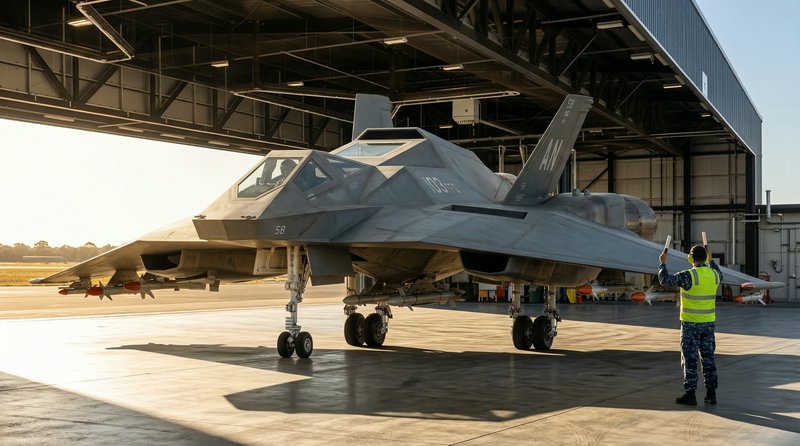F-35 stealth fighter jet in a hangar with ground crew signaling readiness