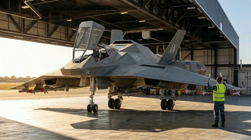 F-22 Raptor stealth fighter parked in a hangar with cockpit canopy open and ground crew guiding.