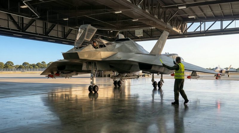 An F-22 Raptor parked in a hangar with ground crew guiding and inspecting the aircraft.