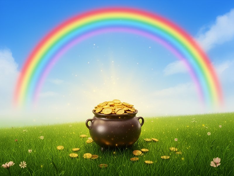 Pot of gold coins overflowing from a dark pot on a green meadow under a vivid rainbow.