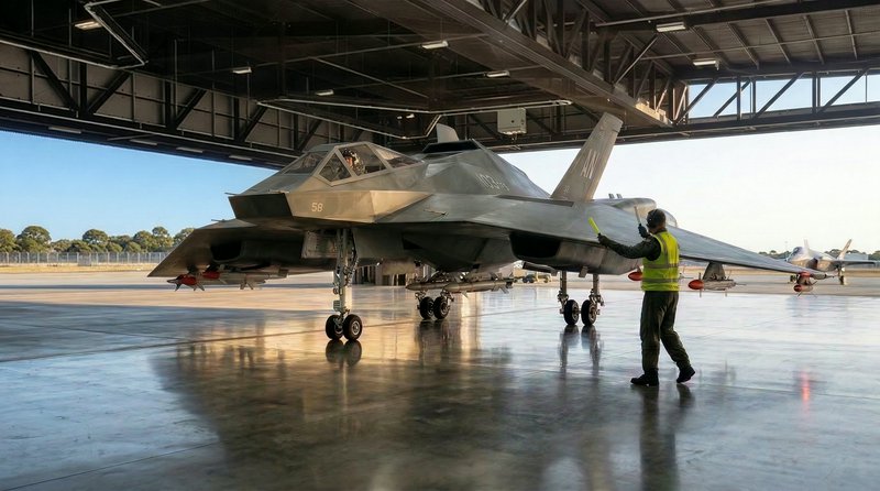 Stealth F-22 Raptor fighter jet inside a hangar with ground crew guiding it.