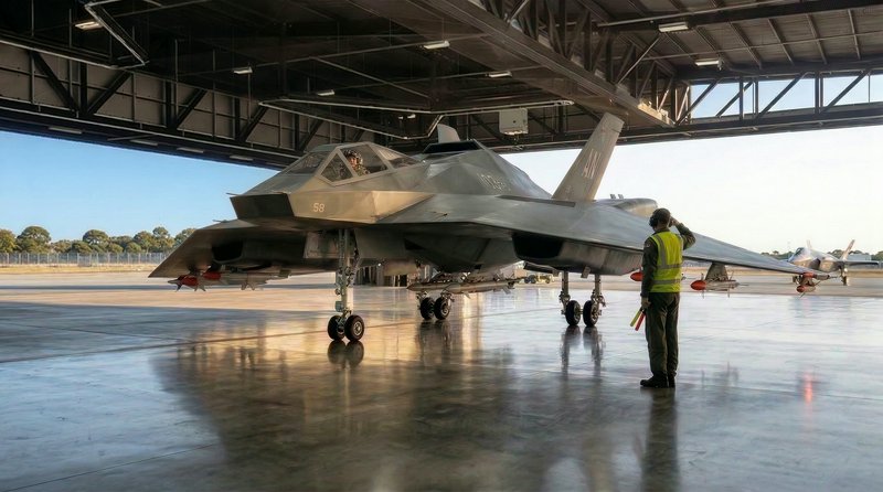 F-22 Raptor stealth fighter inside a hangar being inspected by a ground crew member.
