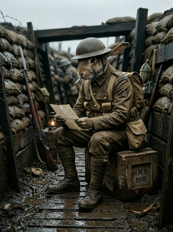 A rabbit in WWI-era soldier uniform sits in a trench reading a letter, with a cigarette and helme...