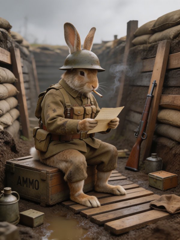 Cartoon rabbit in a WWI trench uniform reading a letter while smoking a pipe.