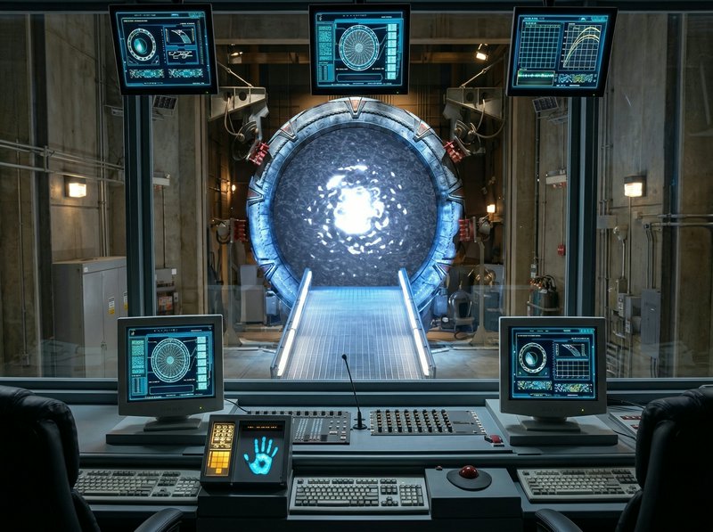 Futuristic control room with a glowing stargate-like portal and multiple computer screens.
