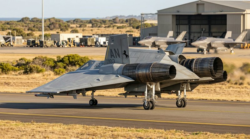Parked F-14 Tomcat fighter jet on a runway at a desert airbase with a hangar in the background