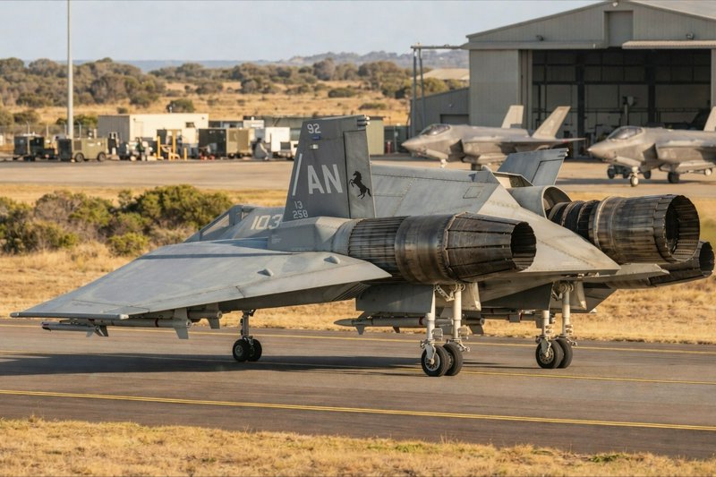 Side view of a gray twin-engine fighter jet on a taxiway at an airbase with a hangar in the backg...