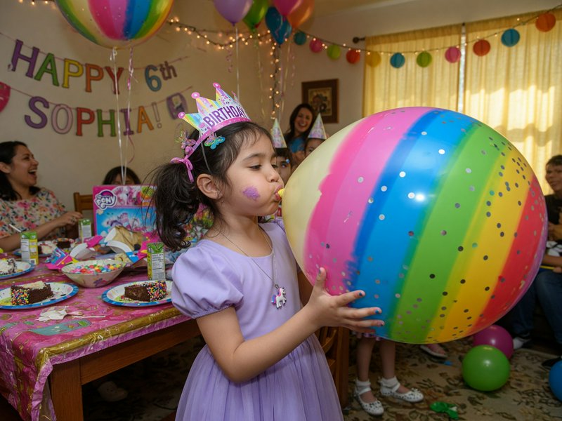 A young girl in a lavender dress blows up a large rainbow-striped balloon at a colorful birthday ...