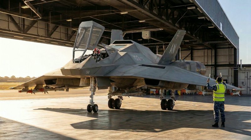 F-22 Raptor stealth fighter parked in a hangar with ground crew guiding it.