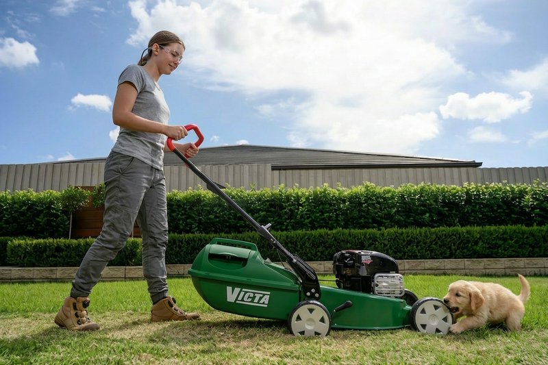 Woman mowing a lawn with a green Victa mower; a fluffy puppy nearby on the grass.