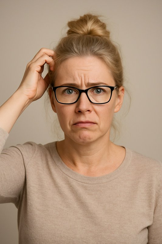 Woman with glasses scratching her head and a puzzled expression