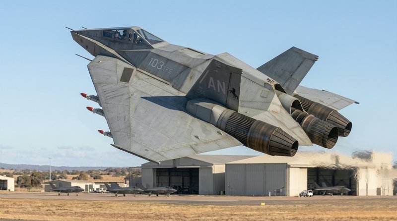 Two-seat F-14 Tomcat fighter jet lifting off from a desert airbase at takeoff, twin engines visible.