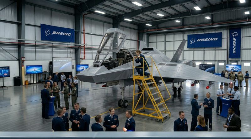 Military fighter jet in a Boeing hangar with attendees and yellow maintenance stairs nearby