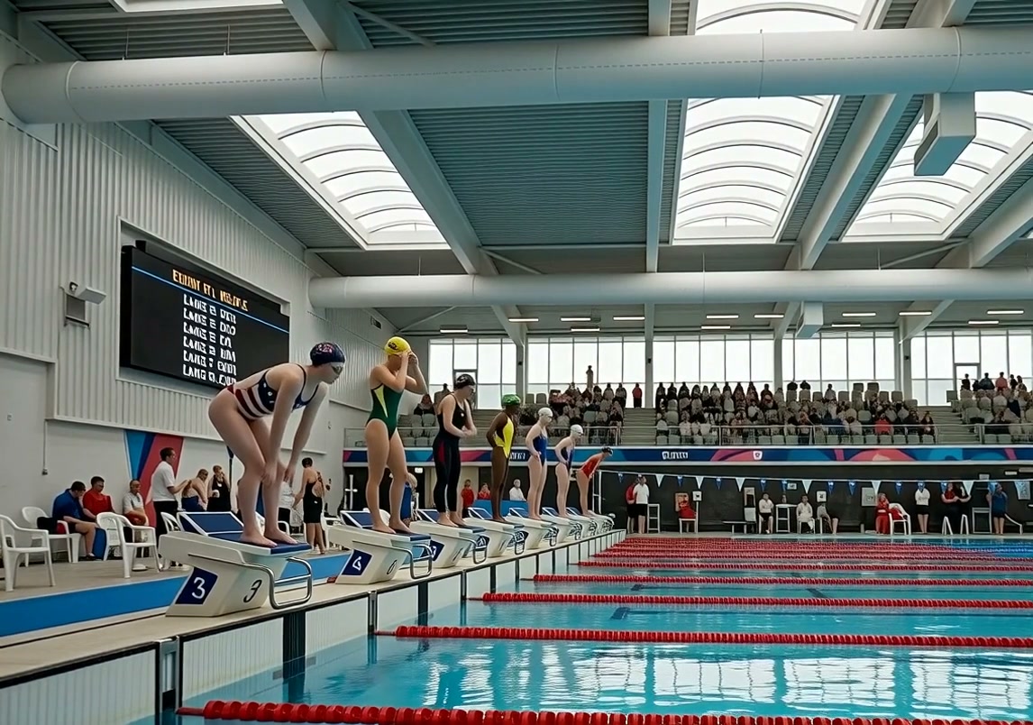 Swimmers on starting blocks at an indoor swimming pool ready to dive.