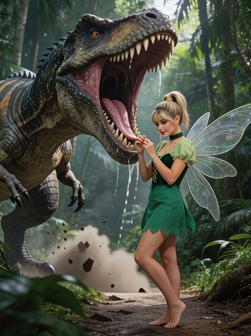 Fairy with translucent wings in a green dress faces a roaring T-Rex in a dense jungle.