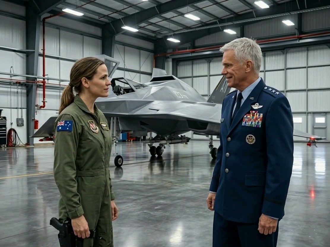 Two military officers in uniform facing each other inside a hangar with a stealth fighter jet in ...