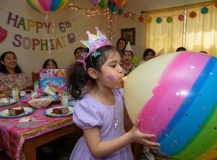 Young girl in a purple dress wearing a birthday crown, blowing up a large rainbow balloon at a fe...