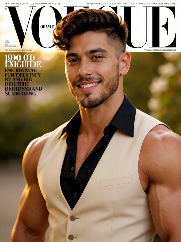 A handsome man in a beige waistcoat over a black shirt, smiling outdoors on a Vogue cover.