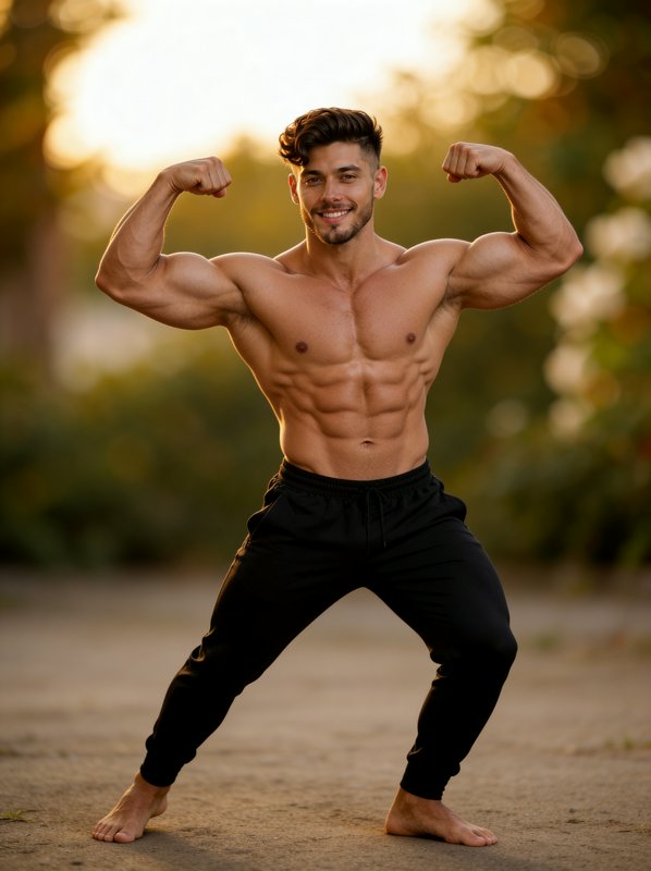 Muscular shirtless man flexing arms outdoors at sunset.