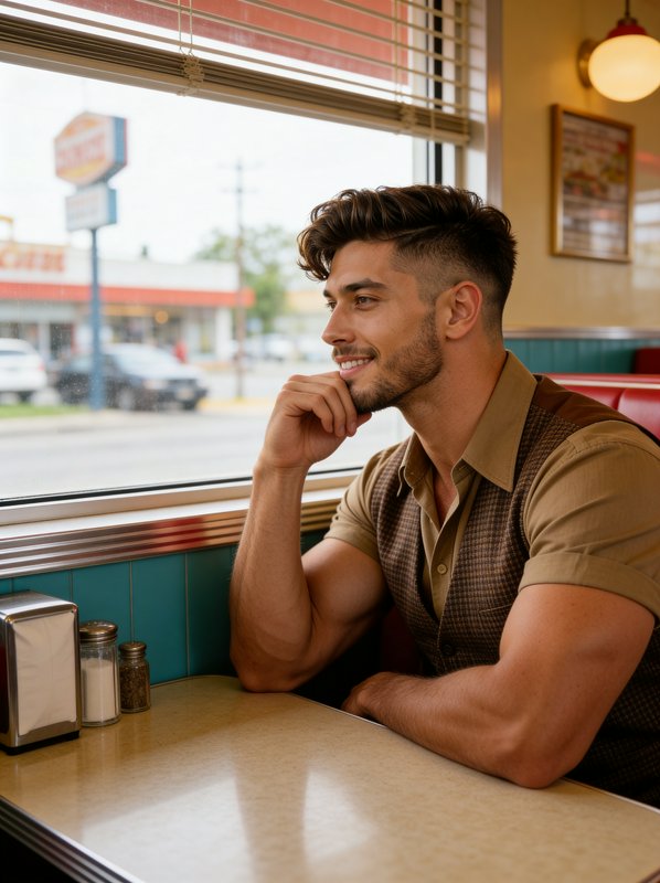 Smiling man in a vintage-style diner booth by a window with a tan shirt and brown vest.