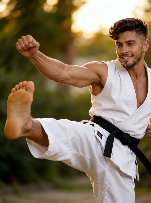 Young man in a white karate gi performing a high kick outdoors
