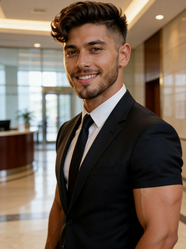 Smiling man in a tailored black suit and tie in a modern office lobby.