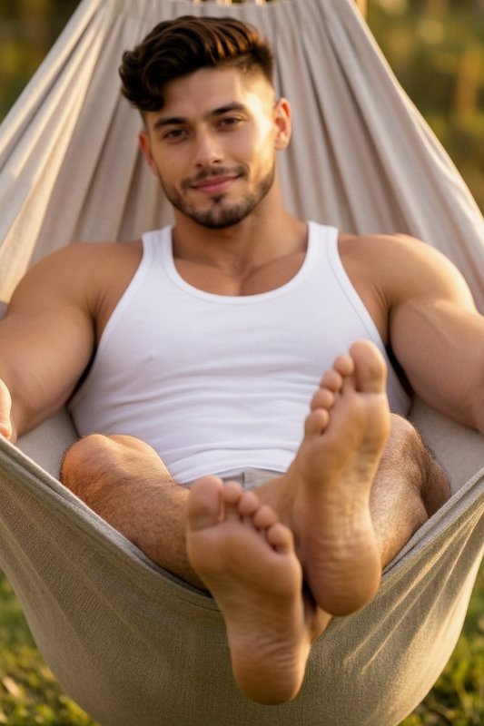 Man relaxing in a hammock outdoors wearing a white tank top.