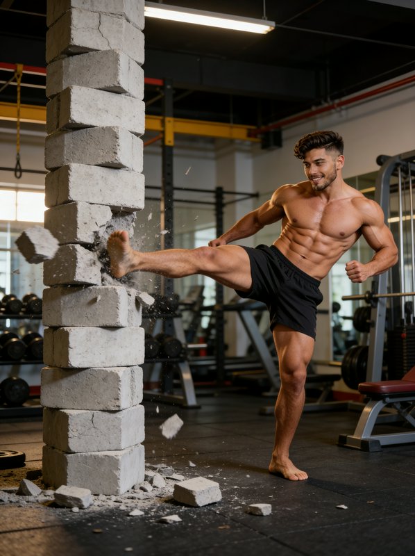 Muscular man delivering a high kick to a stack of concrete blocks in a gym.