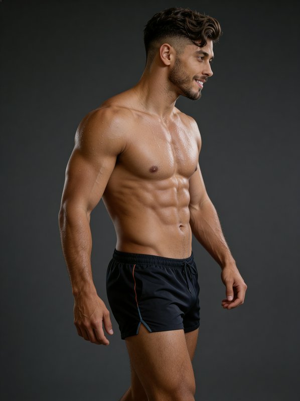 Muscular man shirtless in black athletic shorts, side profile against a dark studio background.