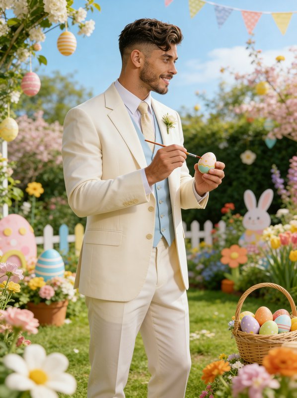 Man in a light beige suit paints a pastel Easter egg in a sunny garden with bunny decor.