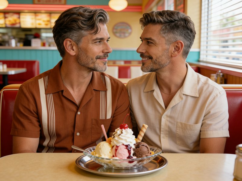 Two men in a retro diner share a smile over a large ice cream sundae.