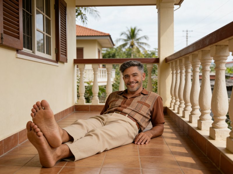 Relaxed man barefoot on a sunny porch with balustrade, smiling at the camera.