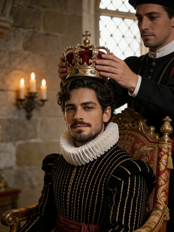 Man in regal 16th-century attire with white ruff sits as crown is placed on his head.