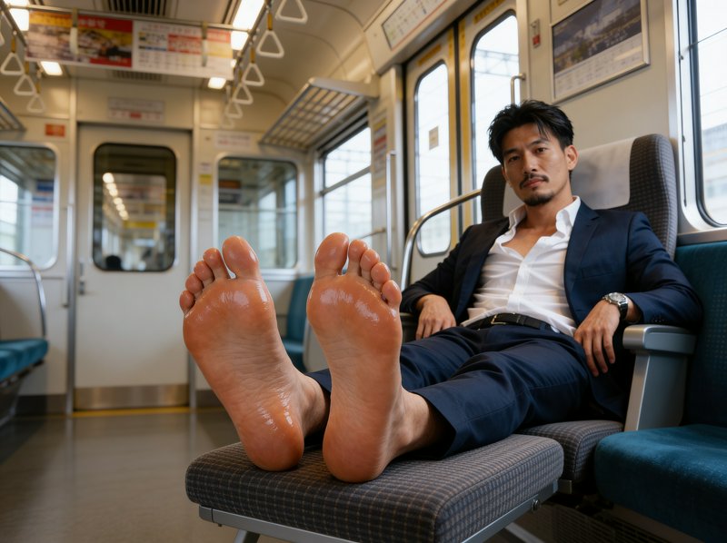 Man in a navy suit lounging on a train with bare feet propped up on a seat.