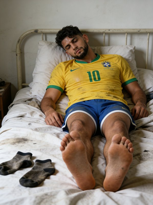 Soccer player in Brazil jersey resting on a bed after a match.