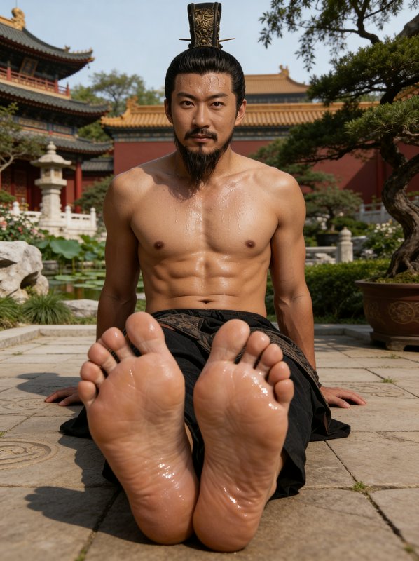 Muscular shirtless man with a topknot sits in a traditional Asian temple courtyard, feet in foreg...